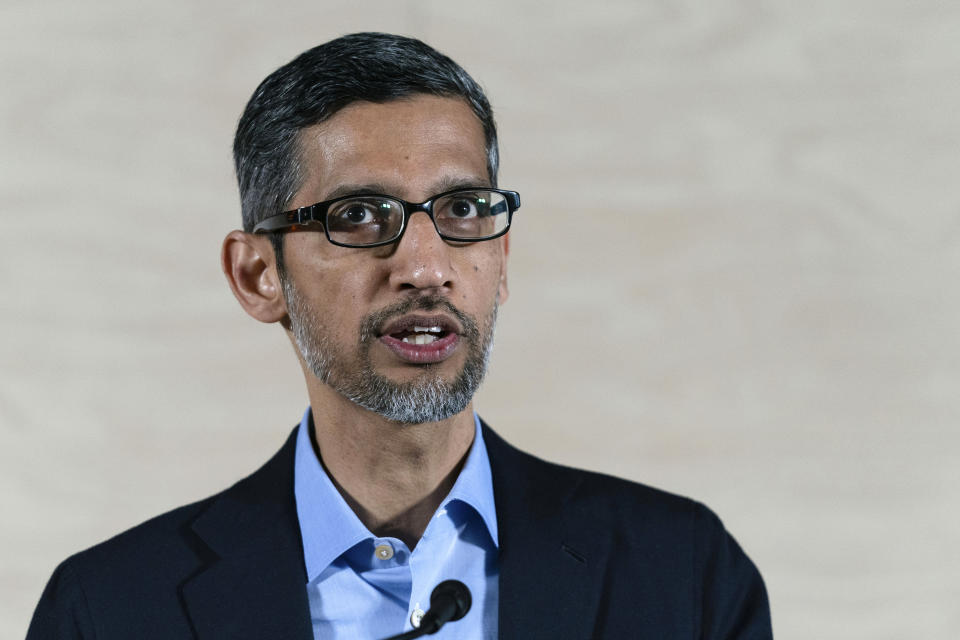 Google CEO Sundar Pichai speaks to college students about strengthening the cybersecurity workforce during a workshop at the Google office in Washington, Thursday, June 22, 2023. (AP Photo/Jose Luis Magana)