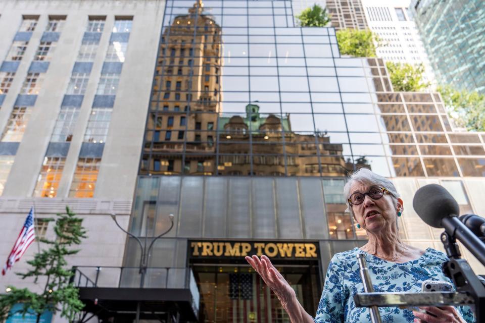 Jessica Leeds speaks outside Trump Tower