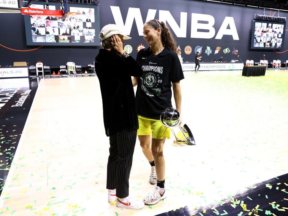 Sue Bird celebrates her WNBA Championship win with Megan Rapinoe in Palmetto, Florida, October 6, 2020.