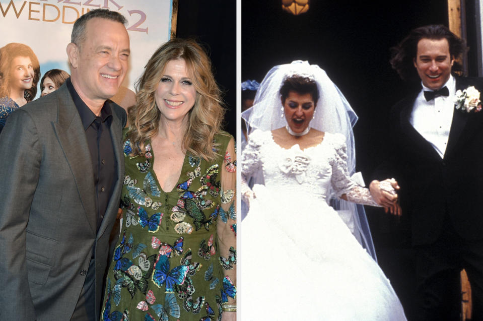 Tom and Rita at My Big Fat Greek Wedding 2 premiere side by side with a picture of Nia Vardalos and John Corbett in the original movie