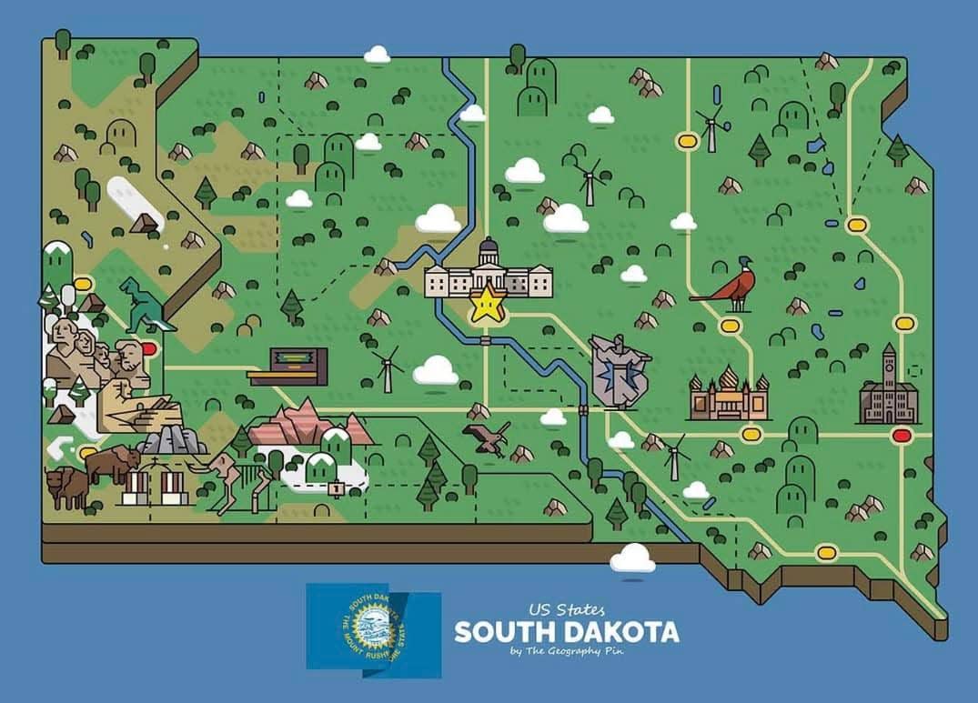 Miguel Alfaro's finished map design for South Dakota. Alfaro makes maps in the style of Mario Bros. and often asks followers on Reddit which landmarks he should include in his designs.