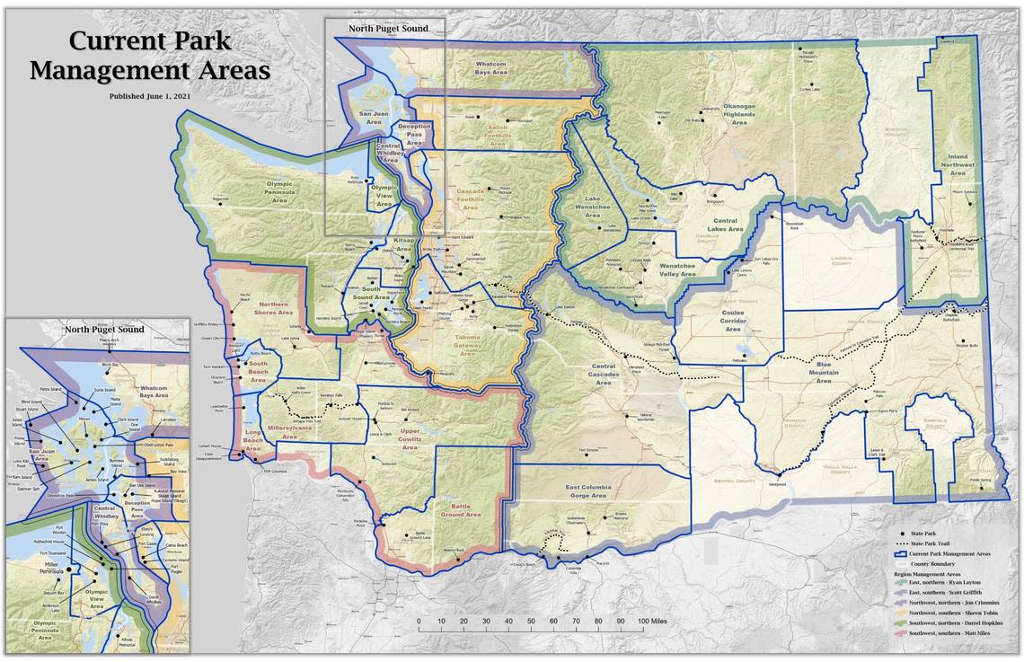 Washington State Parks splits its management areas across six regions. This map shows the management areas within these regions.