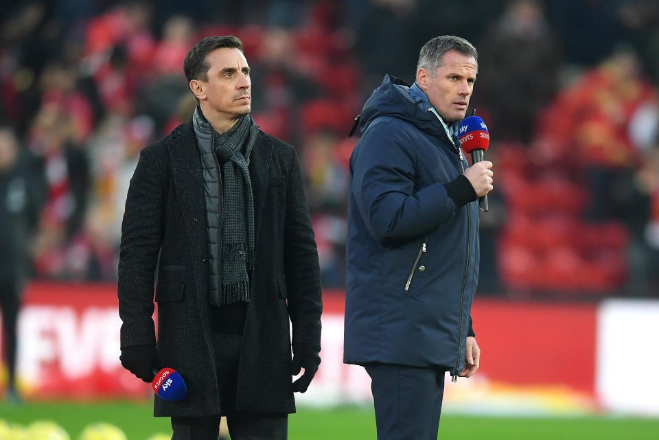 LIVERPOOL, ENGLAND - JANUARY 19: Sky Sports Pundits Gary Neville and Jamie Carragher are seen on the pitch prior to the Premier League match between Liverpool FC and Manchester United at Anfield on January 19, 2020 in Liverpool, United Kingdom. (Photo by Michael Regan/Getty Images)