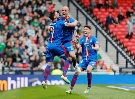 Football - Inverness Caledonian Thistle v Celtic - William Hill Scottish FA Cup Semi Final - Hampden Park, Glasgow, Scotland - 19/4/15 David Raven (C) celebrates with team mates after scoring the third goal for Inverness Reuters / Russell Cheyne Livepic EDITORIAL USE ONLY.