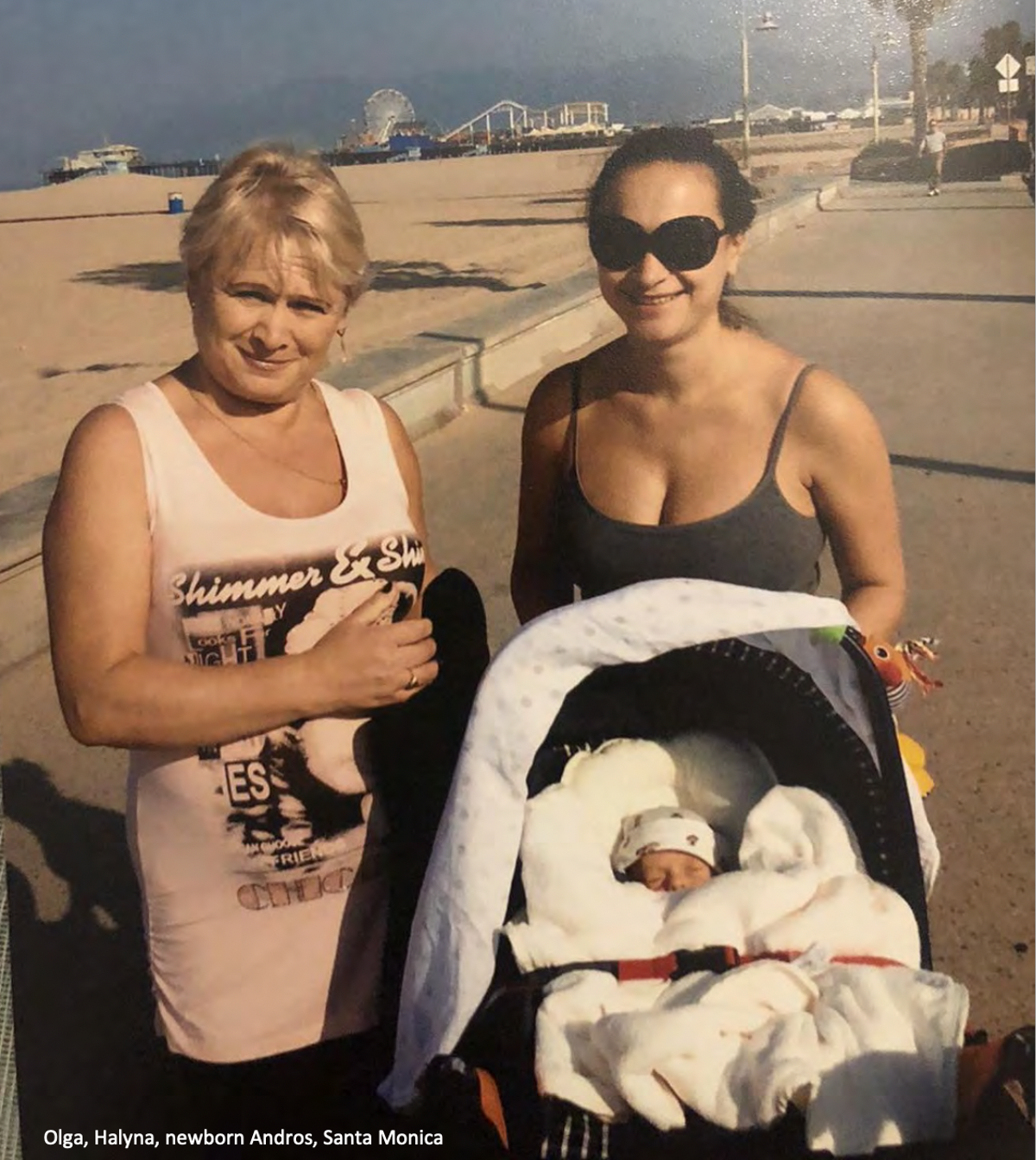 Halyna Hutchins with her mother Olga and newborn son Andros, on Santa Monica beach (Courtesy of Gloria Allred)