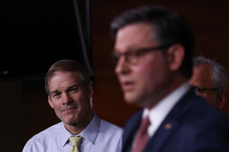U.S. Rep. Jim Jordan, R-Ohio, looks on as House Speaker Mike Johnson, R-La., speaks at a press conference in June following a Republican Conference meeting on Capitol Hill. Jordan is House Judiciary Committee Chairman. Photo by Jemal Countess/UPI