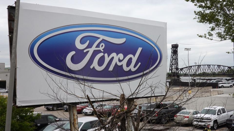 A sign stands outside Ford's assembly plant in Chicago