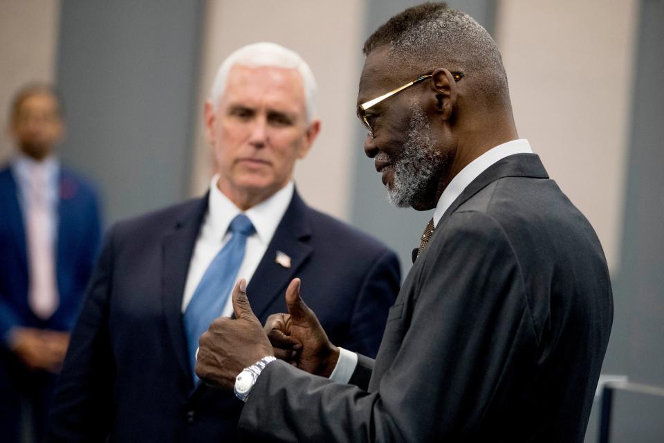 Bishop Harry Jackson gives thumbs up as he greets Vice President Mike Pence at Hope Christian Church on Friday, June 5, 2020, in Beltsville, Md.