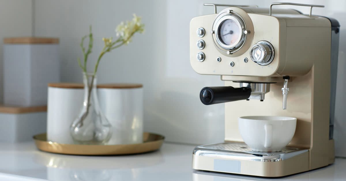 An image of a nice espresso machine set up within a home.