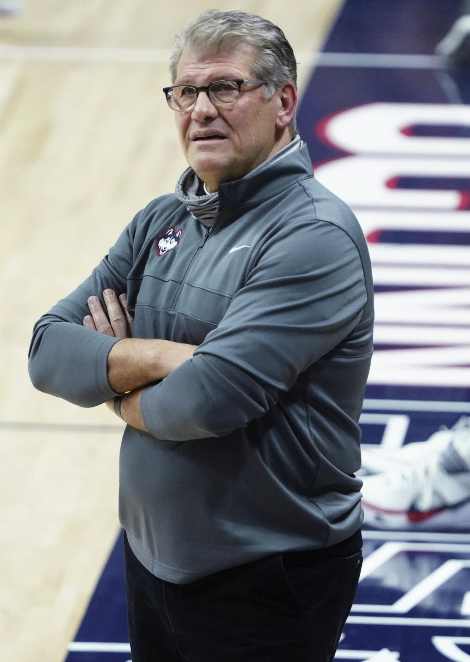 Connecticut coach Geno Auriemma watches the team play Seton Hall during the second half of an NCAA college basketball game Wednesday, Feb. 10, 2021, in Storrs, Conn. (David Butler II/Pool Photo via AP)