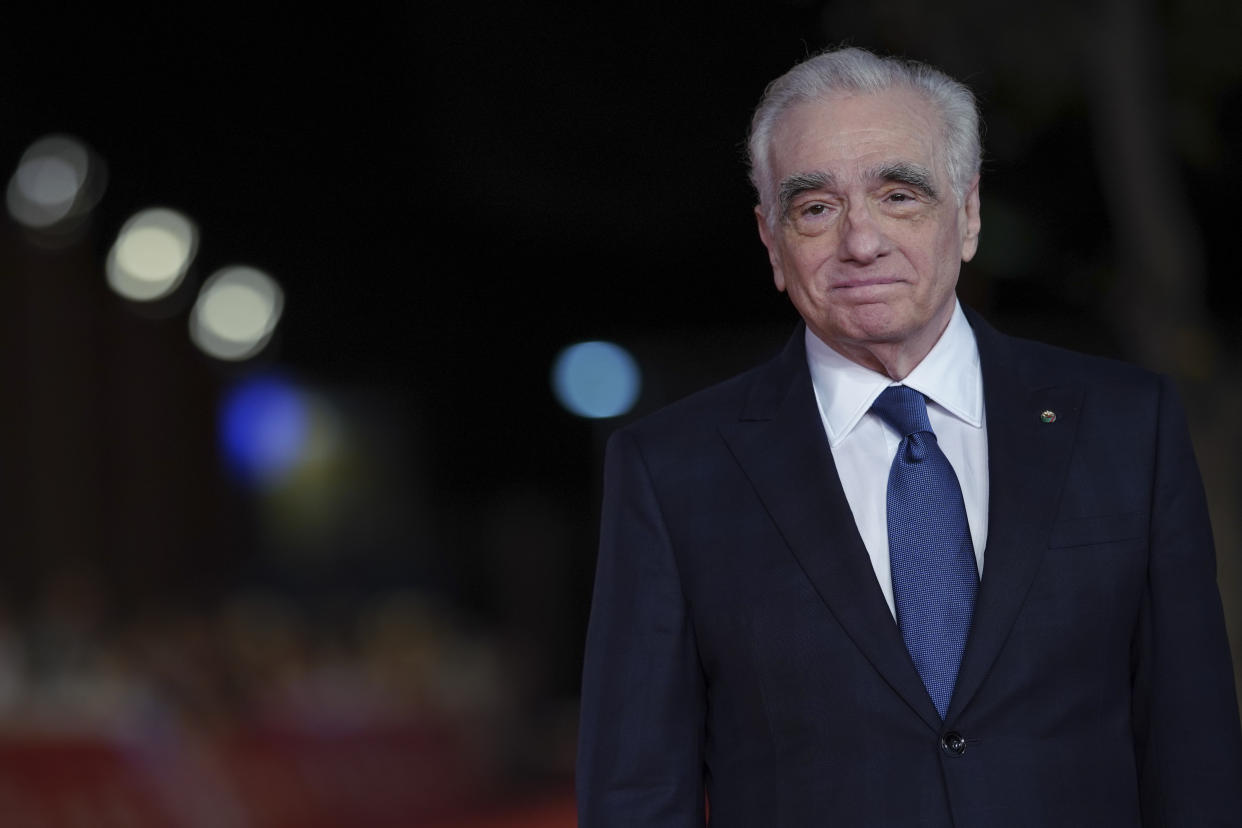 Director Martin Scorsese poses on the red carpet of the movie "The Irishman", at the Rome Film Fest, in Rome, Monday, Oct. 21, 2019. (AP Photo/Andrew Medichini)