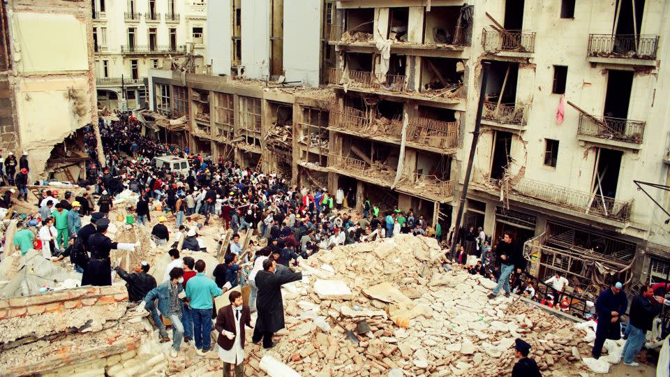 The aftermath of the bomb attack at the AMIA center in Buenos Aires on July 18, 1994. - Diego Levy/Bloomberg/Getty Images