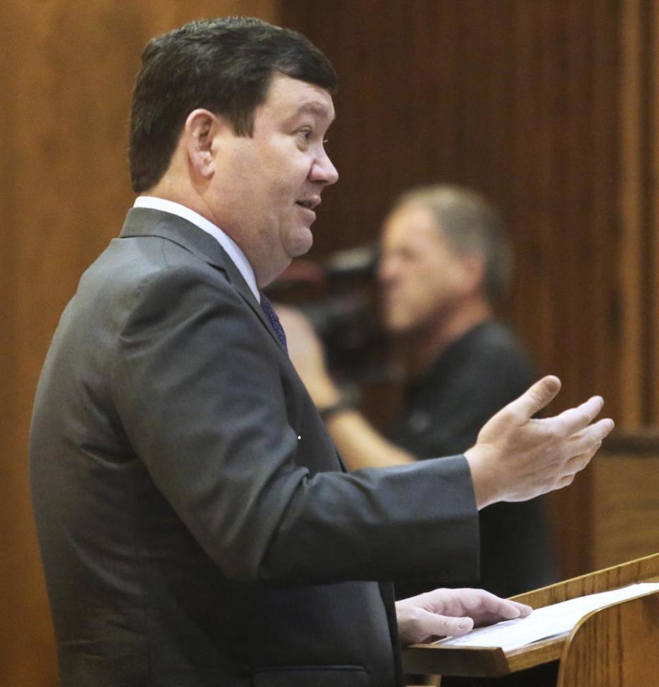 Stephen McAllister, representing the state of Kansas, gives oral arguments before the Kansas Supreme Court Thursday, March 16, 2017, in a legal fight over a state law banning a second-trimester abortion procedure and the larger question of whether the state constitution's Bill of Rights offered a fundamental right to an abortion. (Thad Allton/The Topeka Capital-Journal via AP, Pool)