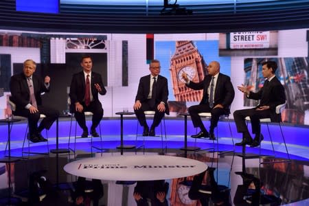 Boris Johnson, Jeremy Hunt, Michael Gove, Sajid Javid and Rory Stewart appear on BBC TV's debate with candidates vying to replace British PM Theresa May, in London