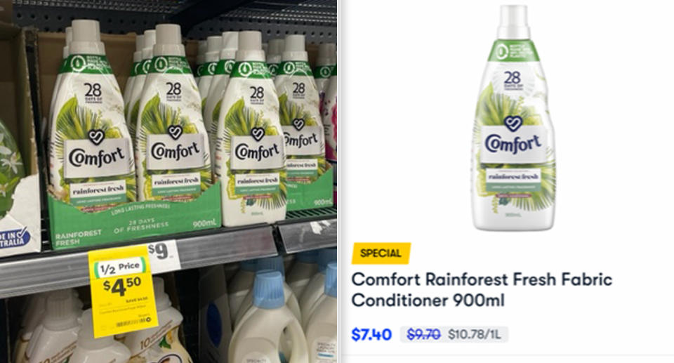 The Woolworths product can be seen in the shop for $4.50 (left) but priced at $7.40 in the MILKRUN app (right). 