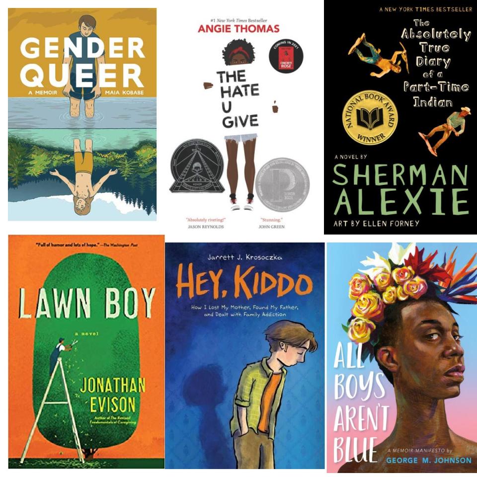 Books being challenged in Iowa school districts include "Gender Queer," "The Hate U Give," "The Absolutely True Diary of a Part-Time Indian," "Lawn Boy," "Hey, Kiddo," and "All Boys Aren't Blue."
