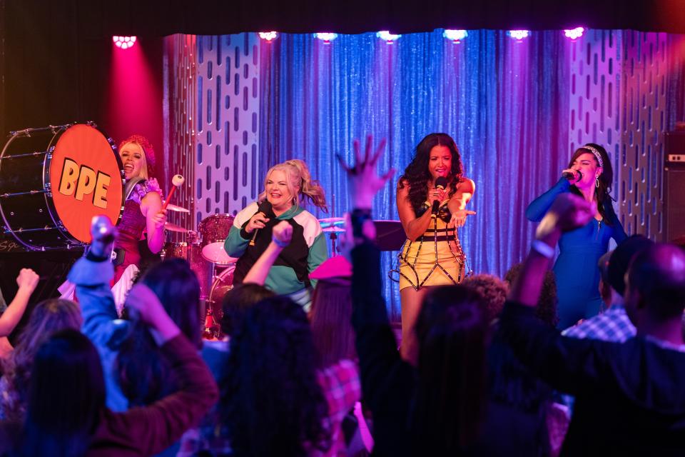 Busy Philipps as Summer, Paula Pell as Gloria, Renee Elise Goldsberry as Wickie and Sara Bareilles as Dawn in Girls5eva, season three, episode two.