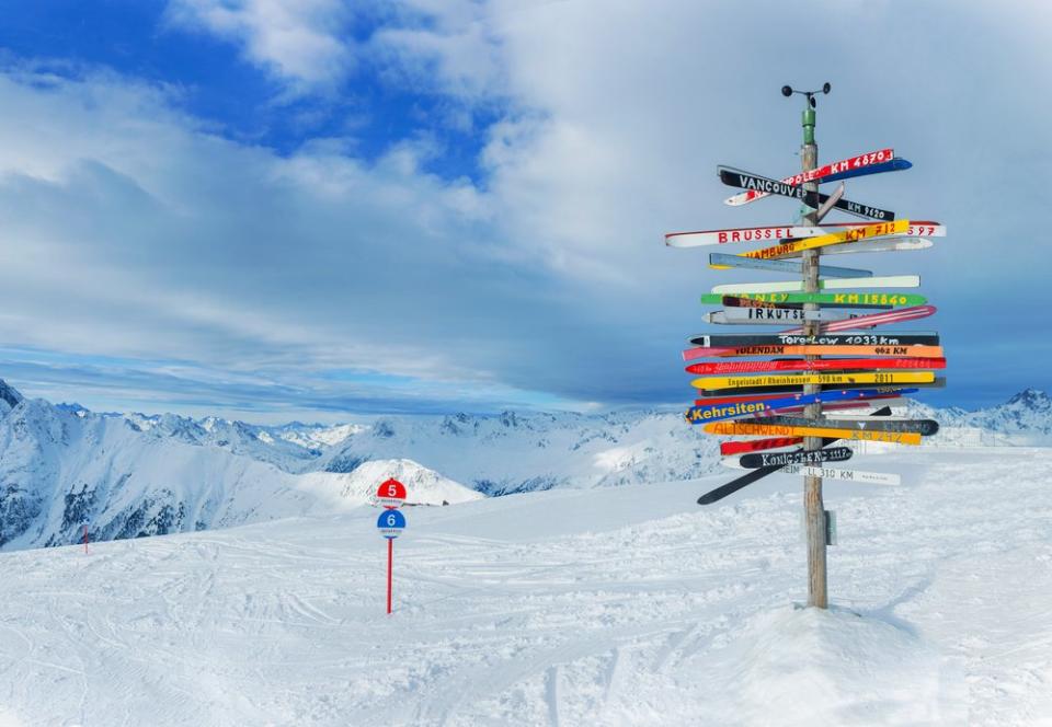 signs on snowy mountaintop in Austria