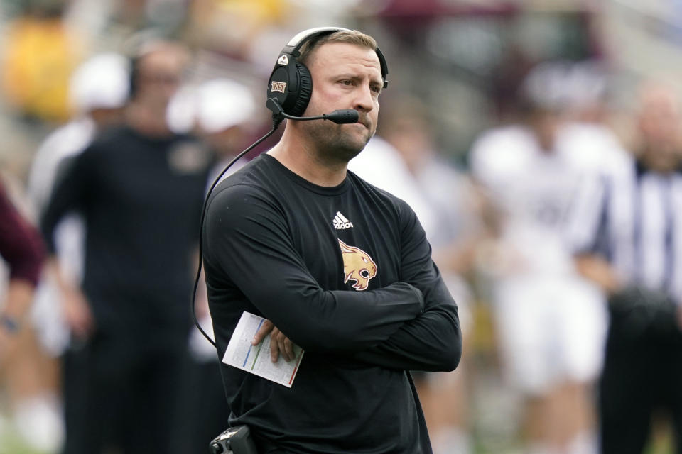 Texas State head coach Jake Spavital looks on from the sidelines during the first half of an NCAA college football game against Baylor in Waco, Texas, Saturday, Sept. 17, 2022. (AP Photo/LM Otero)