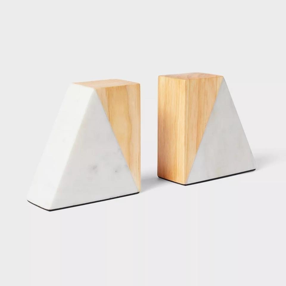 Two-tone bookends with marble and wood design