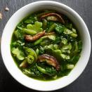 <p>This aromatic green curry soup is packed with spinach, mushrooms, green beans and broccoli stems (save the florets for another night). Green curry paste gives this soup a delicately spicy broth. The vegetables are cooked just enough to be tender, but retain their freshness and distinct textures.</p>