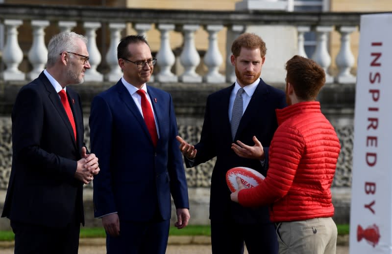 Britain's Prince Harry attends a rugby event at Buckingham Palace gardens in London