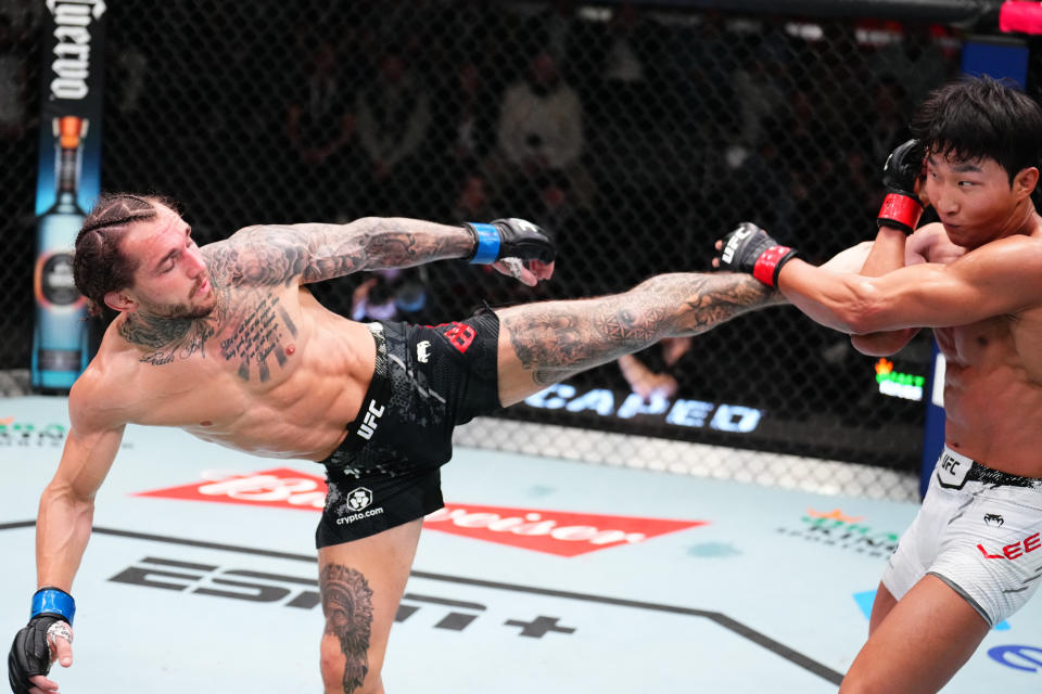 LAS VEGAS, NEVADA – FEBRUARY 03: (L-R) Blake Bilder kicks JeongYeong Lee of South Korea in a featherweight fight during the UFC Fight Night event at UFC APEX on February 03, 2024 in Las Vegas, Nevada. (Photo by Chris Unger/Zuffa LLC via Getty Images)