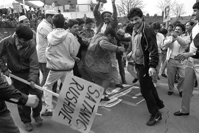 Protests in the UK about the publication of the novel The Satanic Verses in 1989 (PA)