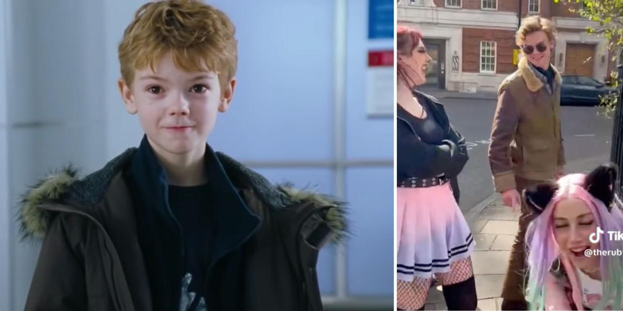An image of Thomas Brodie-Sangster in 'Love Actually' next to an image of two TikTokers standing on a street speaking with the actor in 2023.