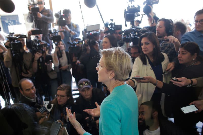 U.S. Democratic presidential candidate Senator Elizabeth Warren answers reporters' questions after she held a "Canvass Kickoff" event at her campaign field office in North Las Vegas