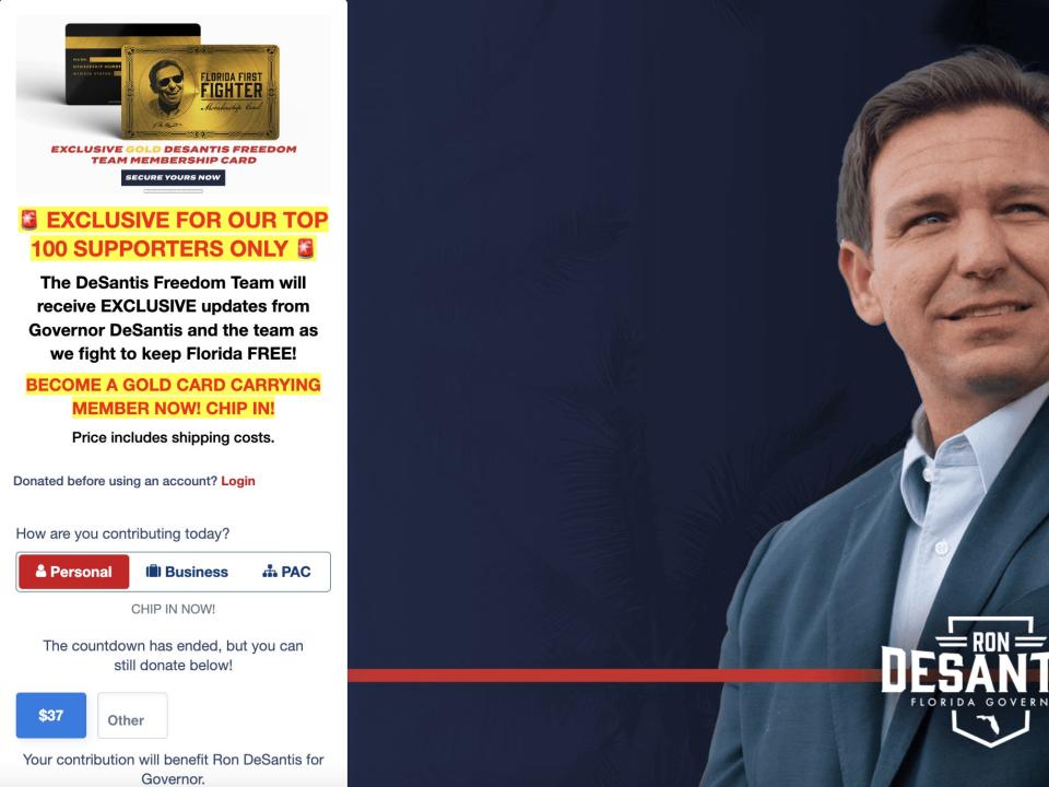 A screengrab of Ron DeSantis' fundraising page