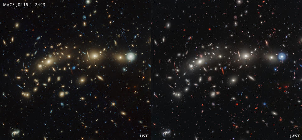 This side-by-side comparison of galaxy cluster MACS0416 as seen by the Hubble Space Telescope in optical light (left) and the James Webb Space Telescope in infrared light (right) reveals different details. Both images feature hundreds of galaxies, however the Webb image shows galaxies that are invisible or only barely visible in the Hubble image. / Credit: NASA, ESA, CSA, STScI