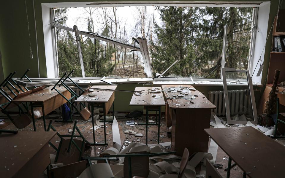 A damaged primary and secondary school building in the village of Buzova, seen earlier this week - Metin Aktas/Anadolu Agency