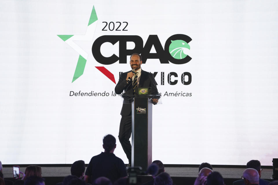 Eduardo Bolsonaro, a Brazilian lawmaker and son of President Jair Bolsonaro, speaks at a gathering of conservatives, in Mexico City, Friday, Nov. 18, 2022. (AP Photo/Marco Ugarte)