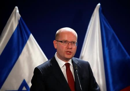 Czech Republic's Prime Minister Bohuslav Sobotka speaks during a ceremony to sign bilateral agreements with Israeli Prime Minister Benjamin Netanyahu (not seen) in Jerusalem May 22, 2016. REUTERS/Ronen Zvulun