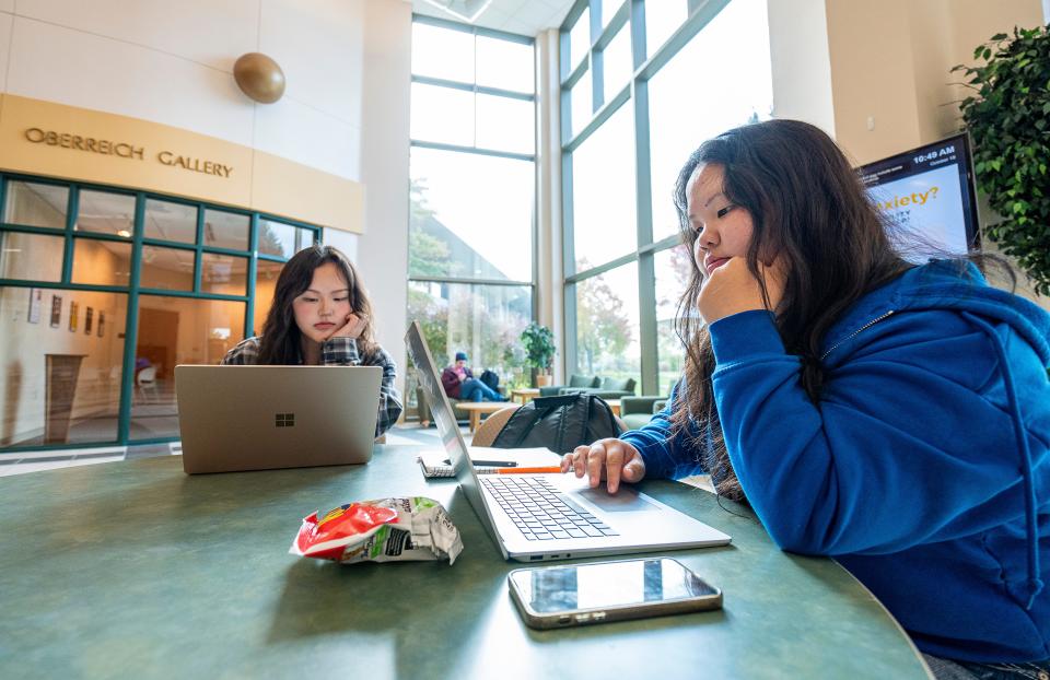 Hlee Chang, right, a first-year social work major, and Fa Chang, a second-year sonography major, both students at the University of Wisconsin Oshkosh-Fond du Lac, study.