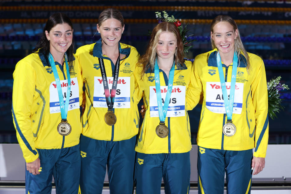 Meg Harris, Shayna Jack, Mollie O'Callaghan and Madison Wilson, pictured here after winning gold in the women's 4x100m freestyle relay.