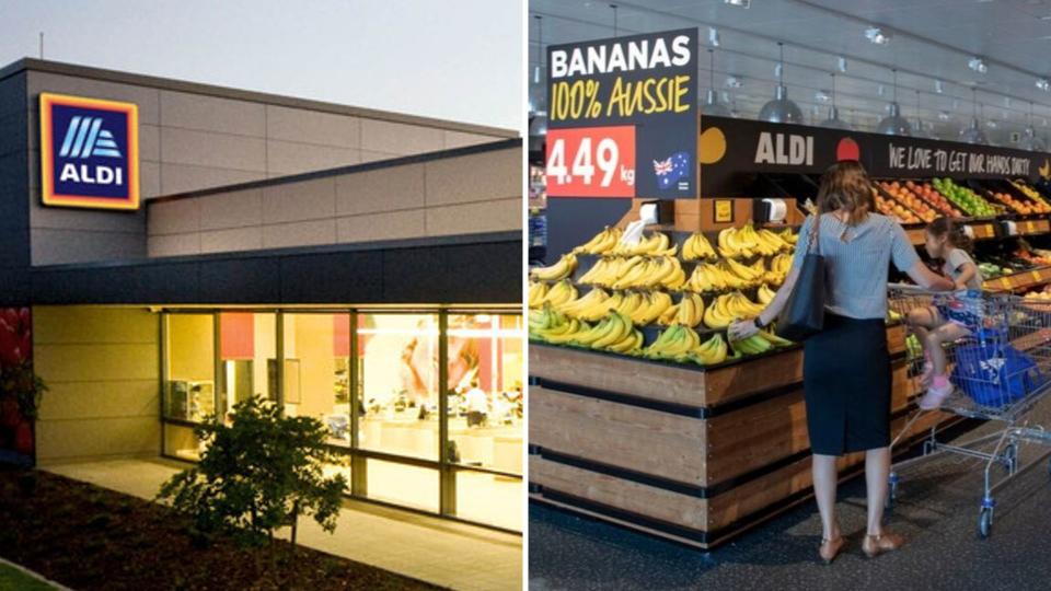 Aldi supermarket building exterior on the left and a woman and child look at bananas inside an Aldi store. 