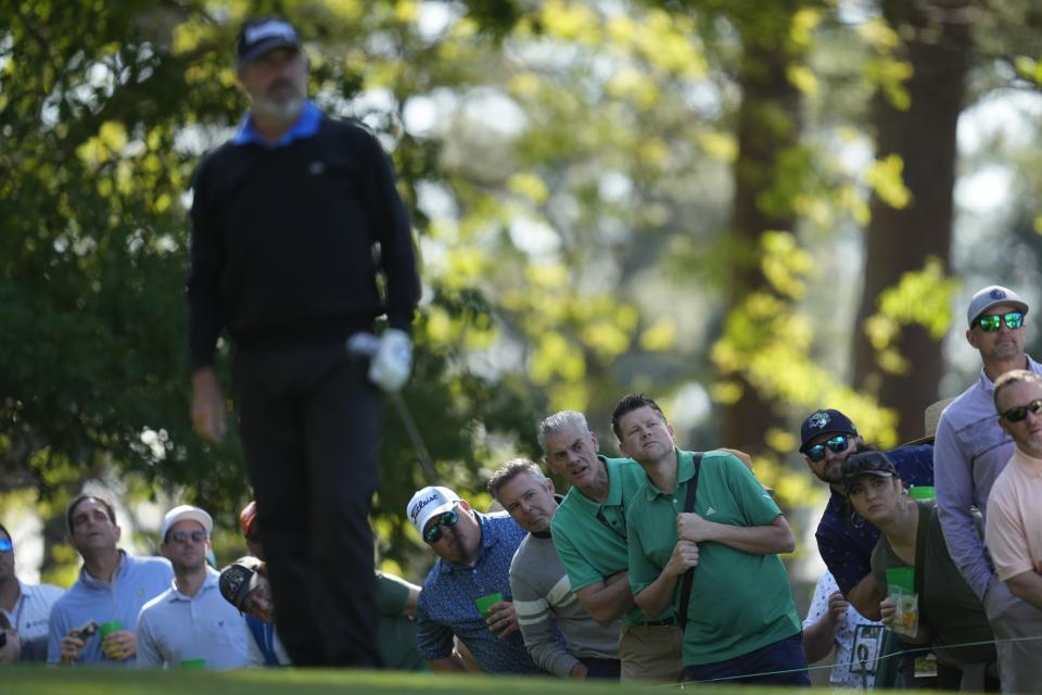 Patrons was the tee shot of Jose Maria Olazabal, of Spain, on the fourth hole during a practice round in preparation for the Masters golf tournament at Augusta National Golf Club Monday, April 8, 2024, in Augusta, Ga. (AP Photo/Ashley Landis)