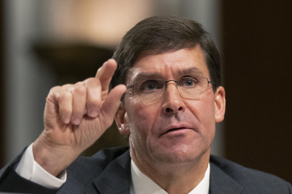 In this July 16, 2019 photo, Secretary of the Army and Secretary of Defense nominee Mark Esper testifies before a Senate Armed Services Committee confirmation hearing on Capitol Hill in Washington. Esper, an Army veteran and former defense industry lobbyist, won Senate confirmation Tuesday to be the Secretary of Defense. (AP Photo/Manuel Balce Ceneta)