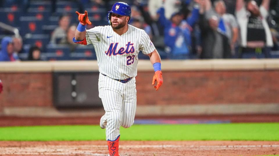 Apr 30, 2024; New York City, New York, USA; New York Mets right fielder DJ Stewart (29) reacts to hitting a three run home run against the Chicago Cubs during the sixth inning at Citi Field.