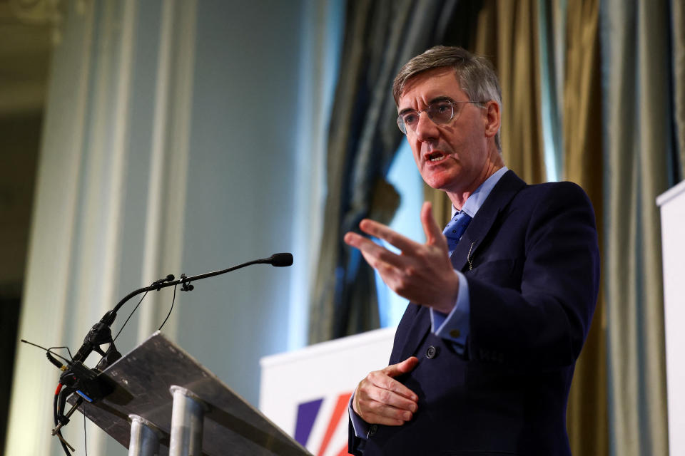 FILE PHOTO: Jacob Rees-Mogg speaks on stage at Britain's Conservative Party's annual conference in Manchester, Britain, October 2, 2023. REUTERS/Hannah McKay/File Photo