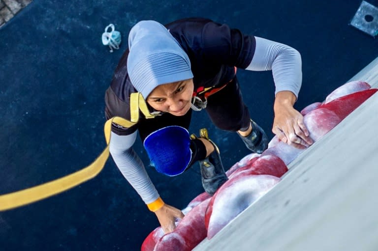 Indonesian climbing athlete Nurul Iqamah takes part in a training session in Bekasi, West Java (BAY ISMOYO)