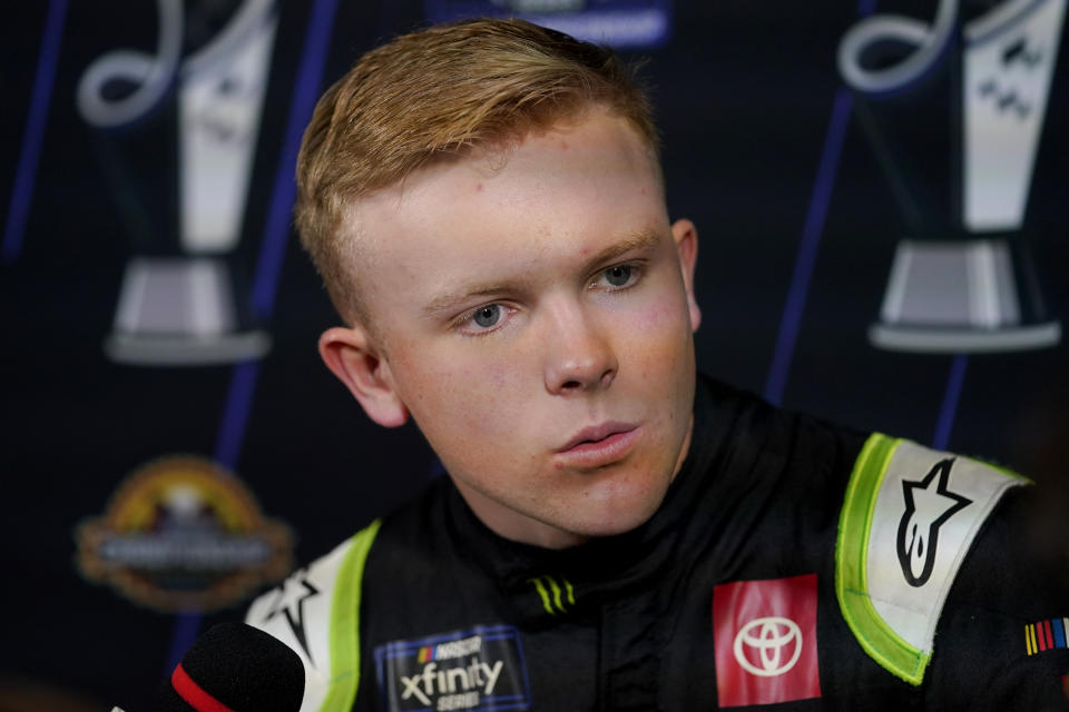 NASCAR Xfinity Series auto racing driver Ty Gibbs speaks during the NASCAR Championship media day, Thursday, Nov. 3, 2022, in Phoenix. (AP Photo/Matt York)