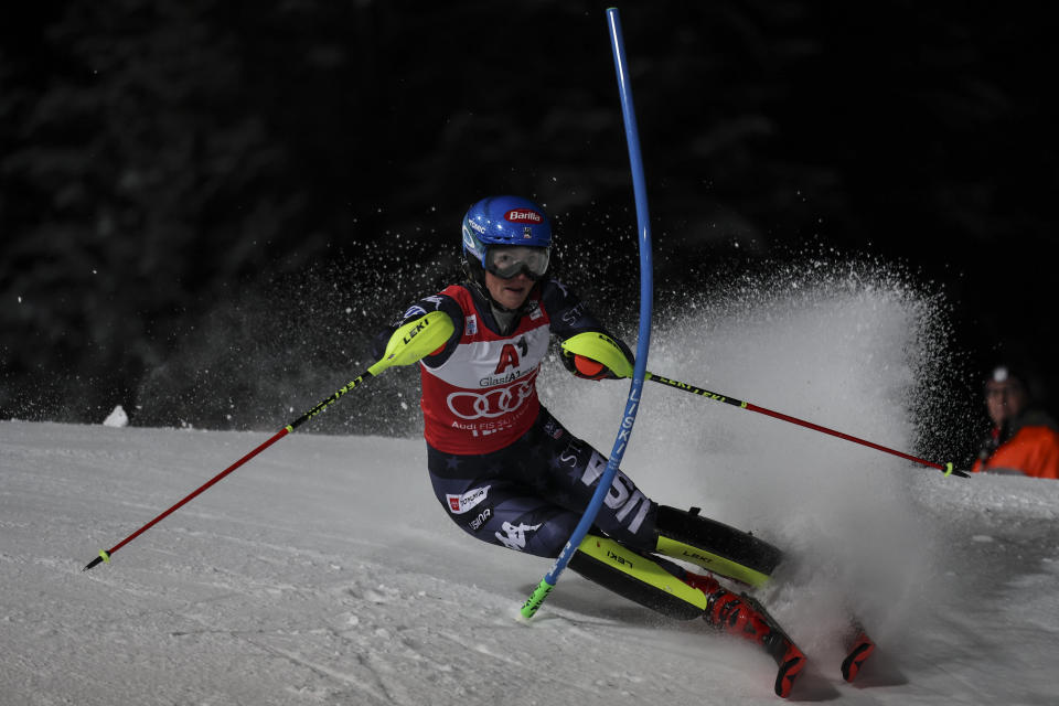 United States' Mikaela Shiffrin speeds down the course during an alpine ski, women's World Cup slalom in Flachau, Austria, Tuesday, Jan.10, 2023. (AP Photo/Marco Trovati)