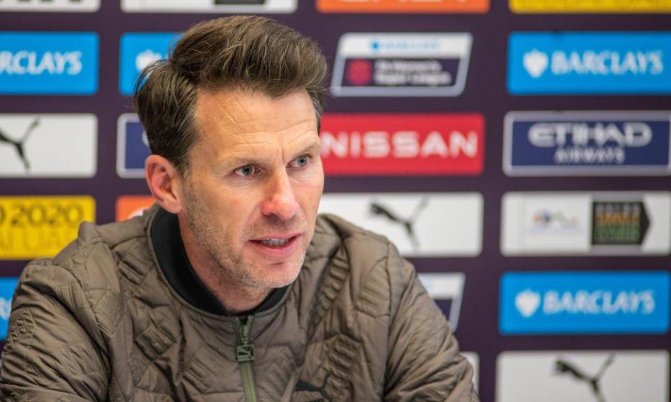 The Manchester City manager, Gareth Taylor, at a post-match interview after the Women’s Super League game against Birmingham City.