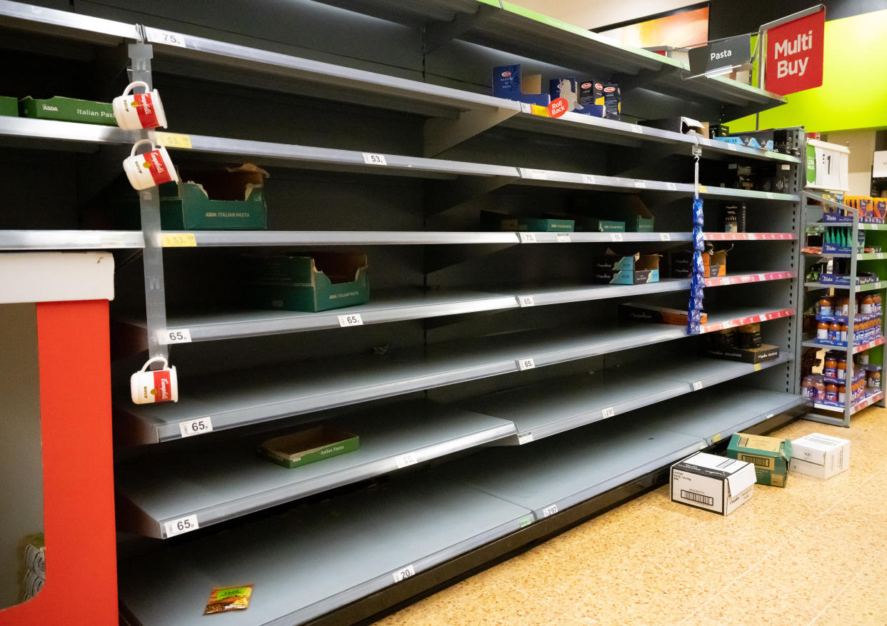 CARDIFF, UNITED KINGDOM - MARCH 06: Empty shelves where pasta was on sale in an ASDA store on March 6, 2020 in Cardiff, United Kingdom. Coronavirus (Covid-19) has spread to 88 countries in a matter of weeks, claiming  nearly 3,500 lives and infecting over 100,000.  There are currently 164 diagnosed cases in the UK and two deaths. (Photo by Matthew Horwood/Getty Images)