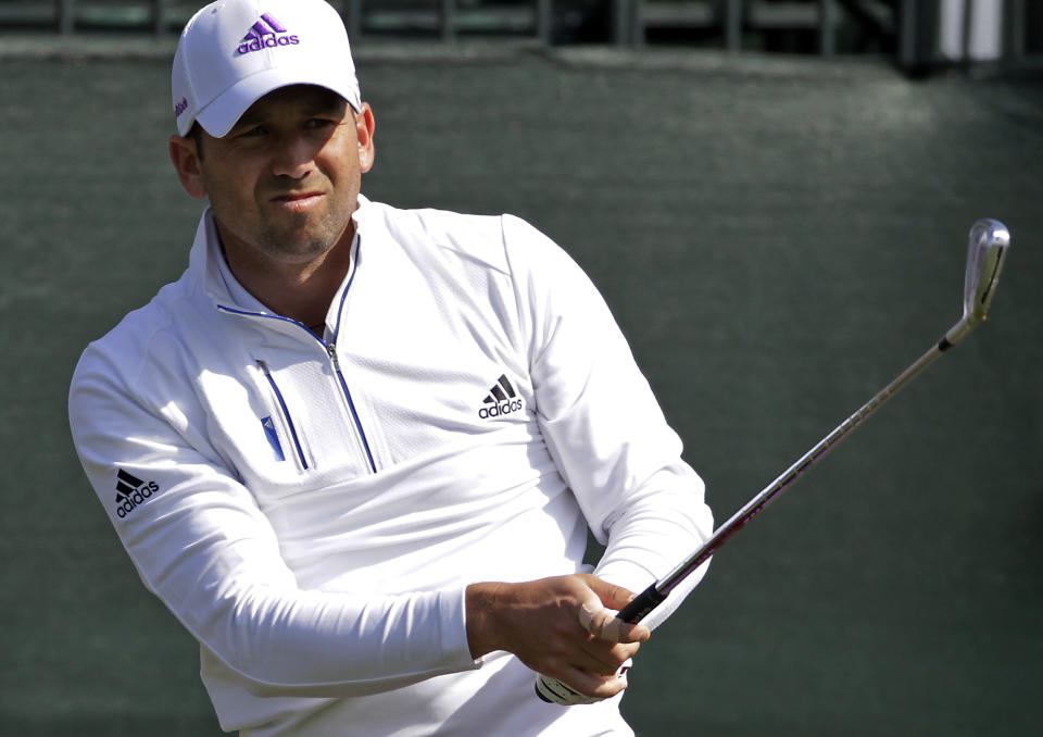 Sergio Garcia tees off on the first hole during the second round of the Houston Open golf tournament, Friday, April 4, 2014, in Humble, Texas. (AP Photo/Patric Schneider)