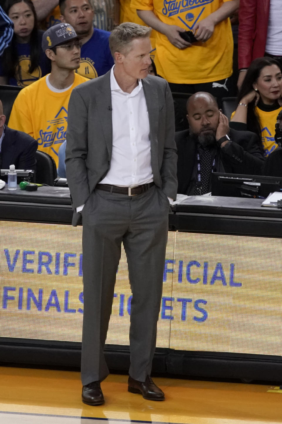 Golden State Warriors head coach Steve Kerr watches during the second half of Game 4 of basketball's NBA Finals against the Toronto Raptors in Oakland, Calif., Friday, June 7, 2019. (AP Photo/Tony Avelar)