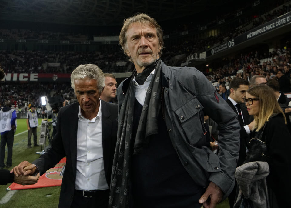 FILE - Sir Jim Ratcliffe looks on ahead of the French League One soccer match between Nice and Paris Saint Germain in Allianz Riviera stadium in Nice, southern France, on Oct.18, 2019. More than a year after it was put up for sale, Manchester United said Sunday that British billionaire Jim Ratcliffe had agreed to buy a minority stake in the storied Premier League club. Ratcliffe, who owns petrochemicals giant INEOS and is one of Britain’s richest people, has bought a stake of “up to 25%” of the 20-time league champions and will invest $300 million in its Old Trafford stadium. (AP Photo/Daniel Cole, File)